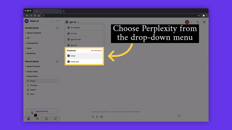 Search the web without leaving Weam - Perplexity